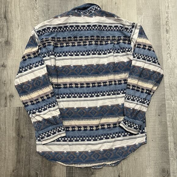 Vintage Kikimo Nepalese Woven Knit Blue Aztec Nepal Button Shirt Men's Large - Picture 2 of 5